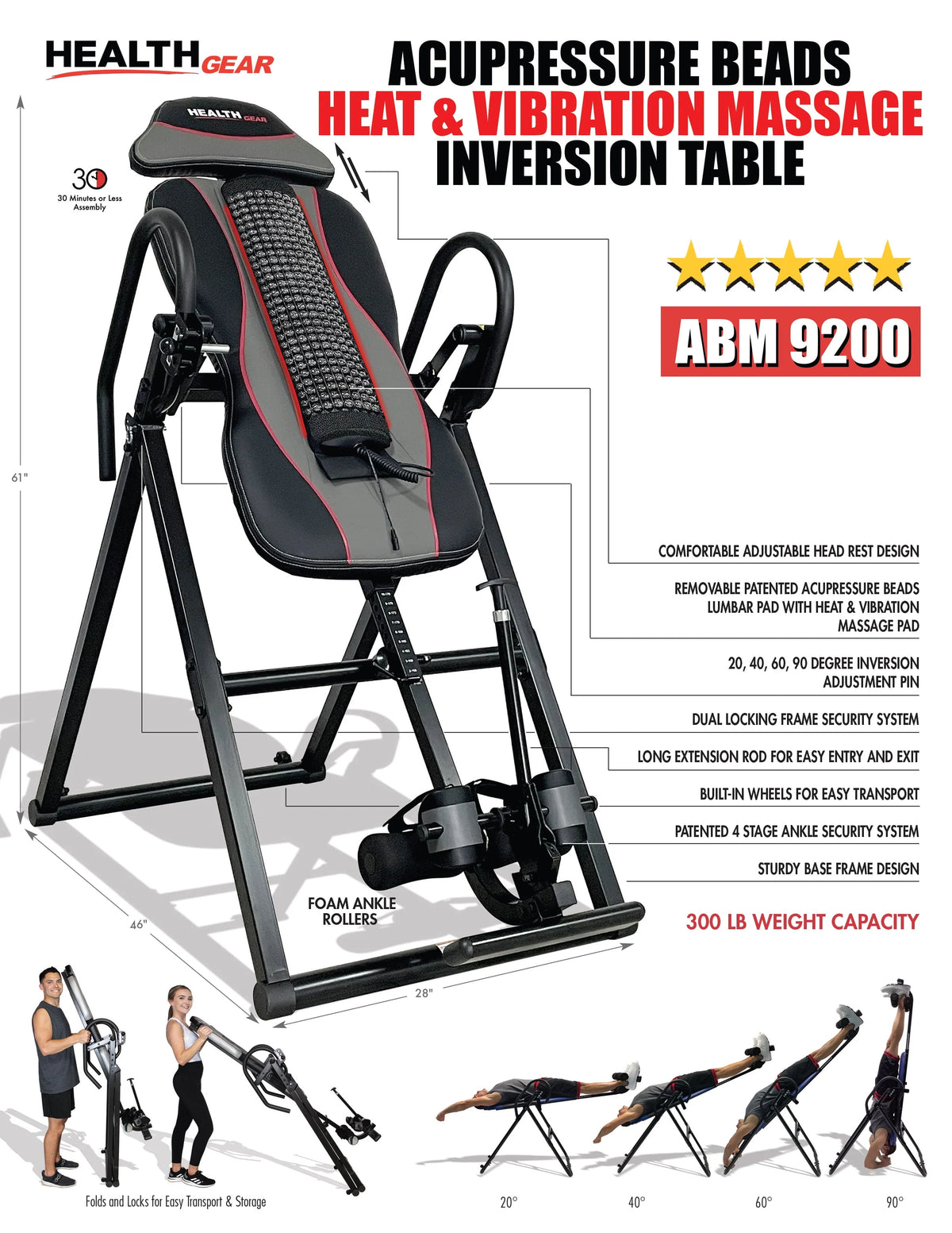 Black 300lb Weight Capacity Heat and Vibration Massage Inversion Table O9838
