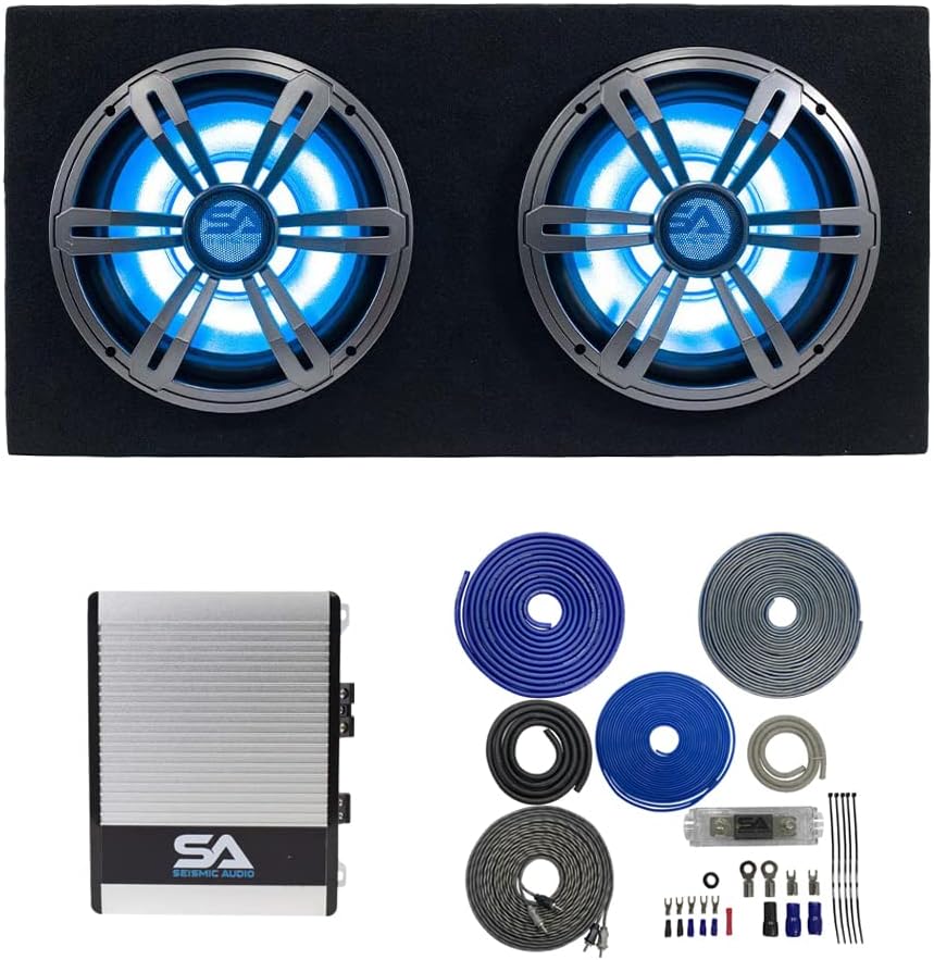 Dual 10 Inch 1000 Watt Car Audio Subwoofer Enclosure with RGB Lights Package with Amplifier & Cables I601596