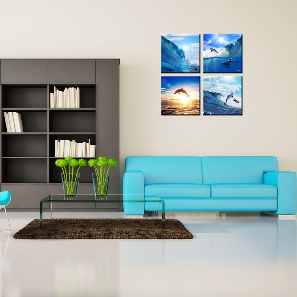 Blue Ocean Dolphin Wall Art Canvas Framed Painting 12x12x4 F477