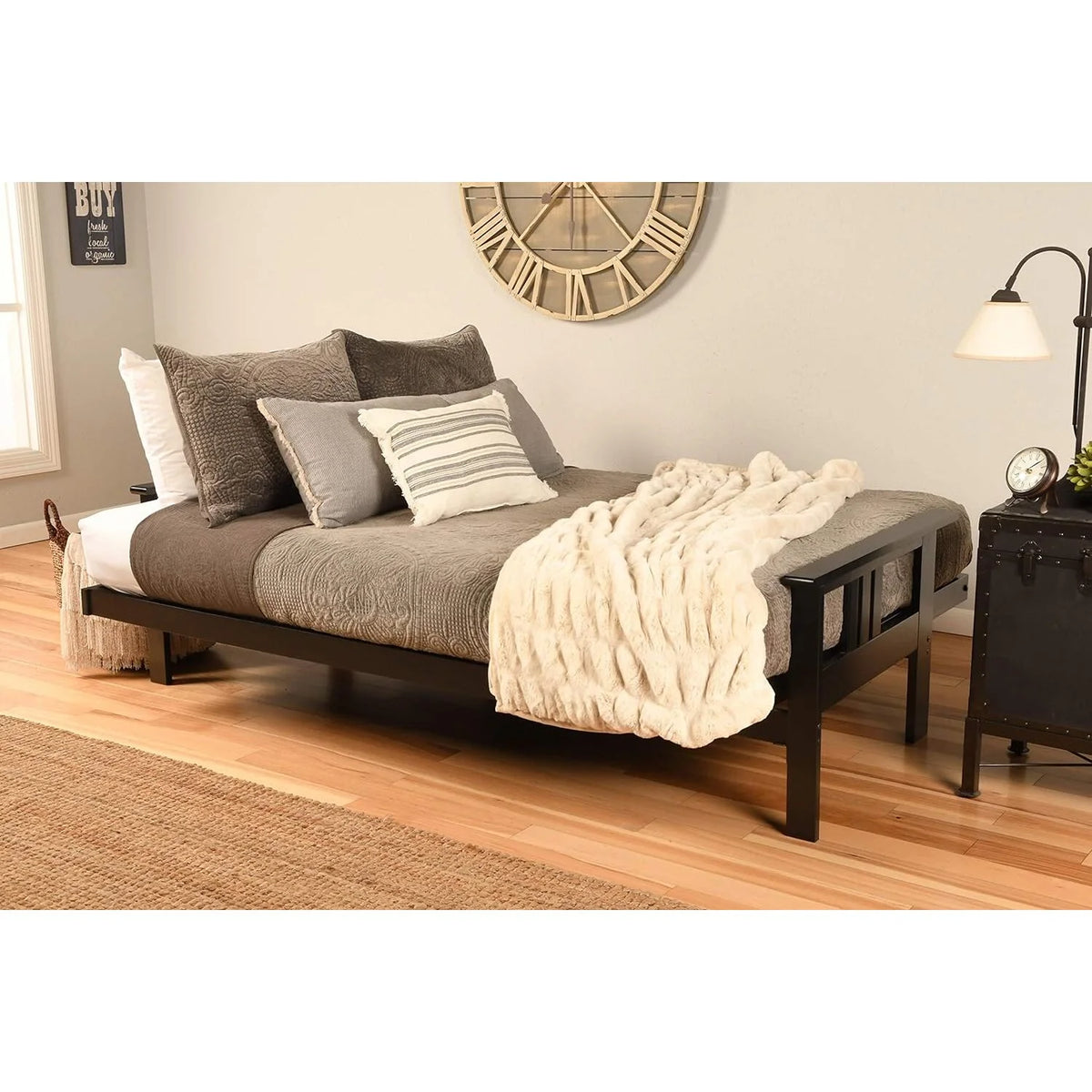 Black Futon Frame with Aqua Linen Mattress J644
