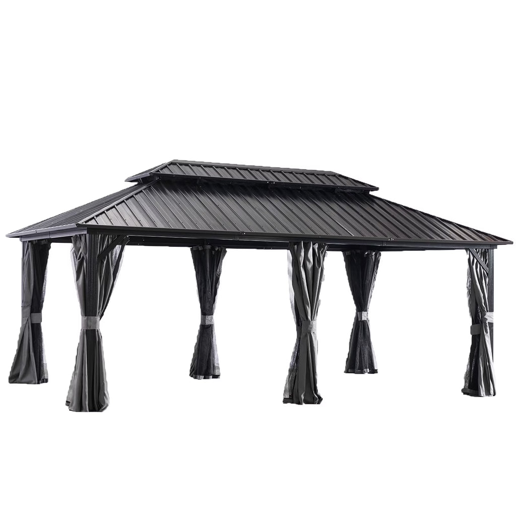 12x20 Galvanized Steel Hardtop Gazebo with Netting and Curtains G478362