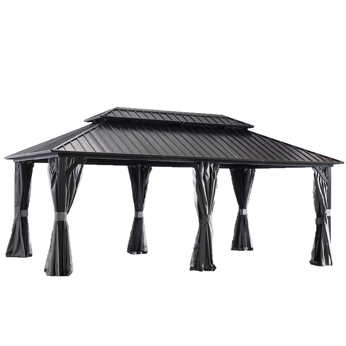 12x20 Galvanized Steel Hardtop Gazebo with Netting and Curtains G478362