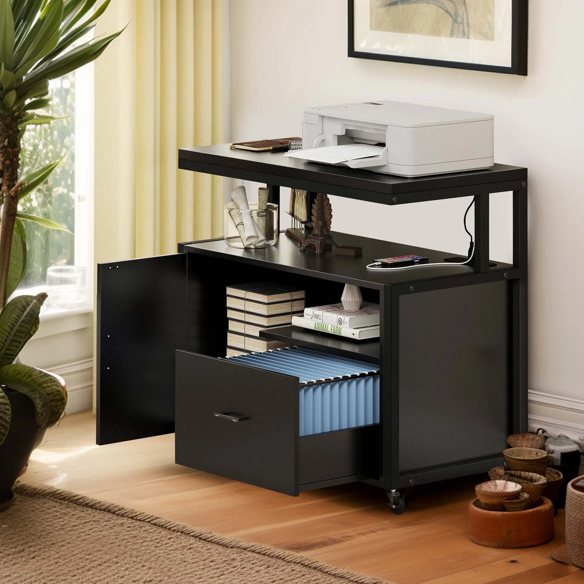 Wood File Cabinet with Charging Station and Printer Shelf P523