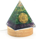 Amethyst and Malachite Crystal Pyramid with LED Wooden Base V6517
