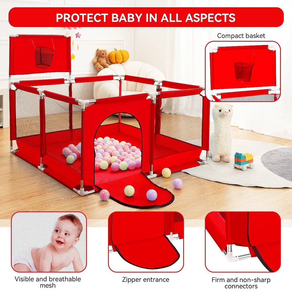 Portable 4-Panel Baby Playpen with Basketball Hoop V7248