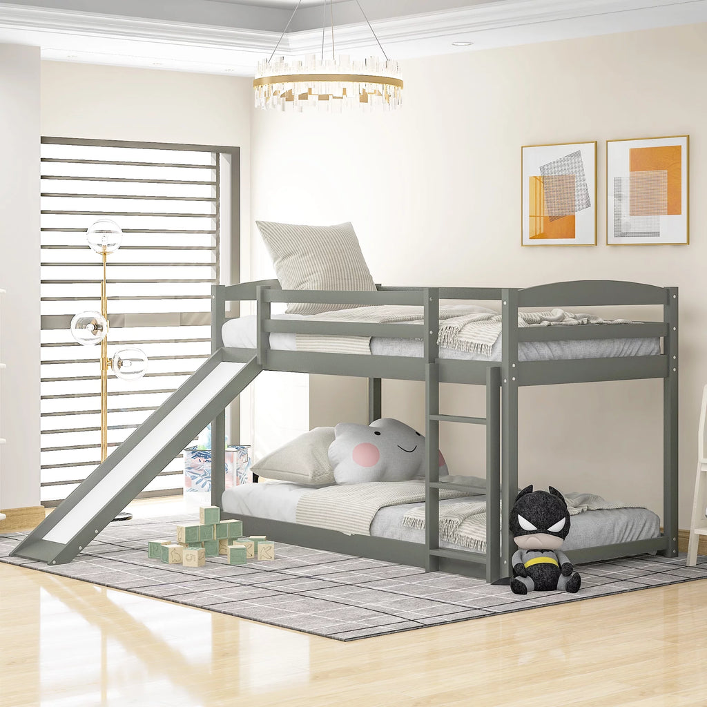 Gray Twin Over Twin Wood Bunk Bed with Slide and Ladder B516718