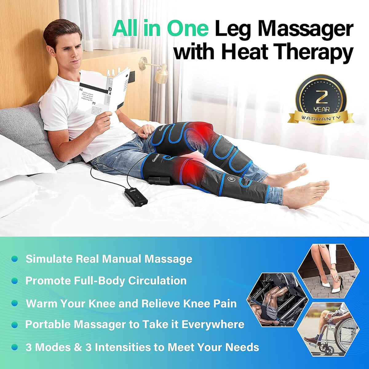 Rechargeable Cordless Air Compression Leg Massager with Heat, 3 Modes 3 Intensities L78934