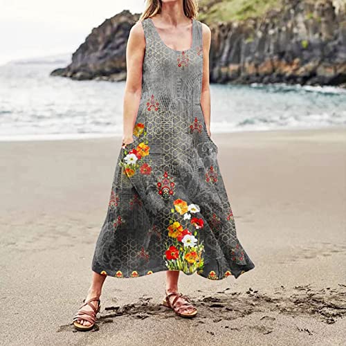Sleeveless Cotton Linen Sundress Long Dress with Pockets O45317