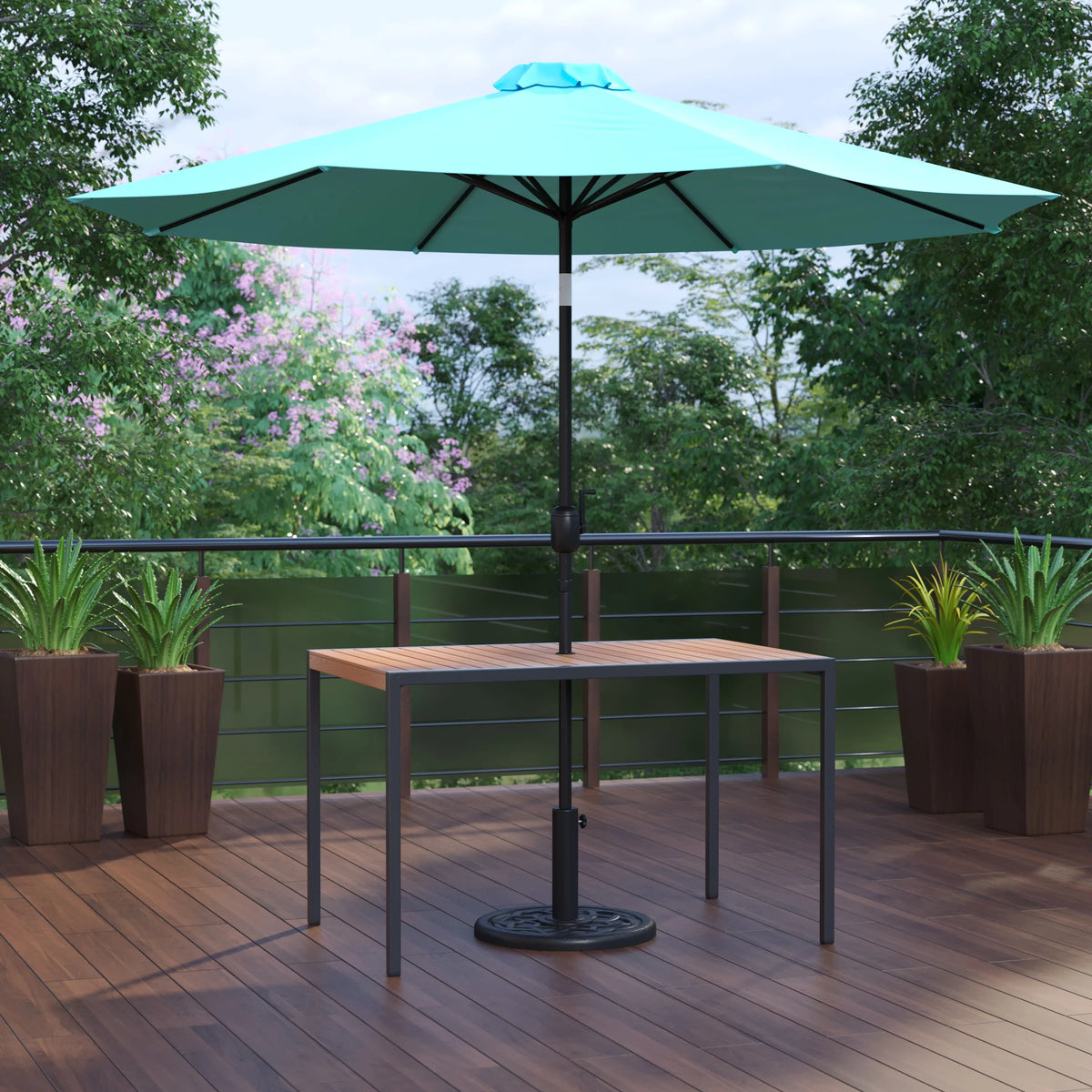3 Piece Outdoor Patio Table Set with Teal Umbrella and Base M2435