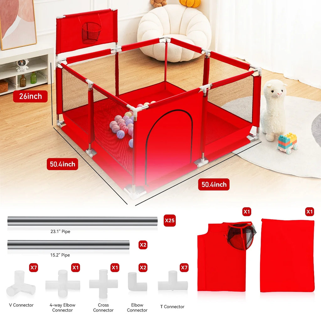 Portable 4-Panel Baby Playpen with Basketball Hoop V7248