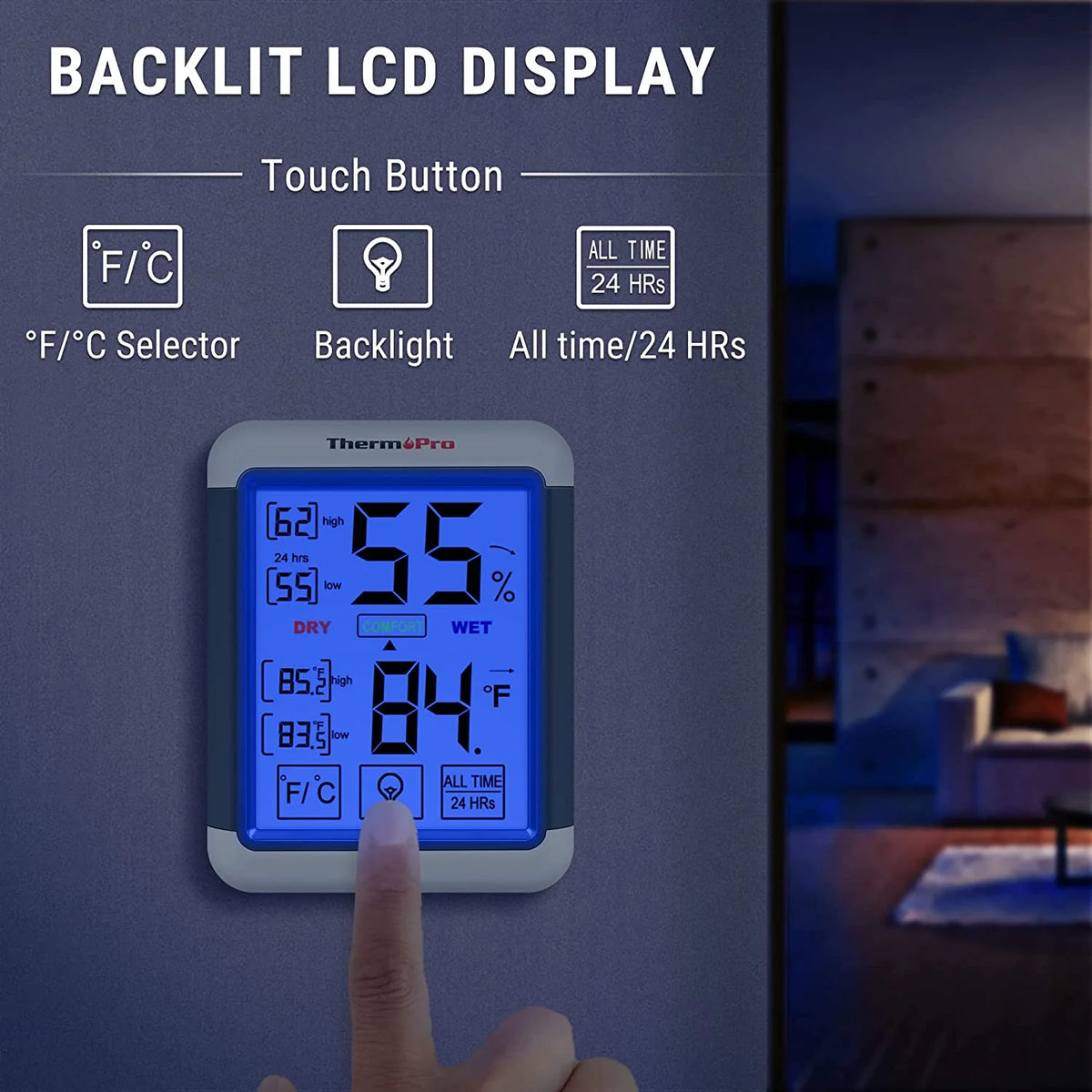 Digital Hygrometer Indoor Thermometer Humidity Gauge with Touchscreen and Backlight V5742