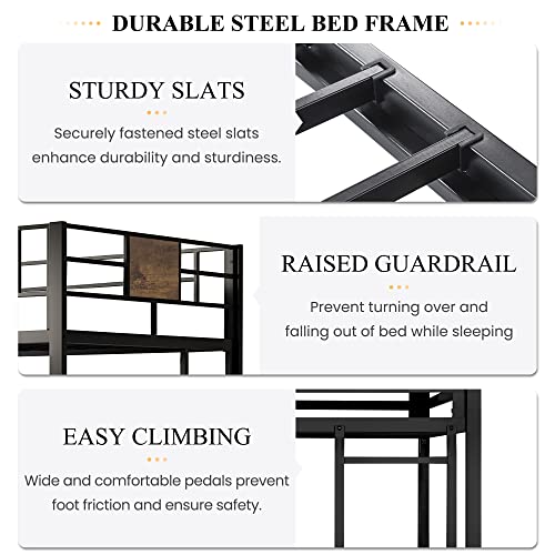 Twin Size Metal Loft Bed with Ladder and Guardrail K670