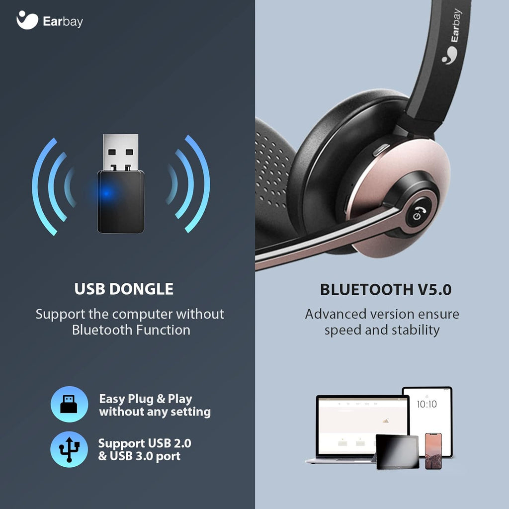 Wireless Bluetooth 5.0 On-Ear Headset with Microphone and USB Dongle, Pack of 2 I9430