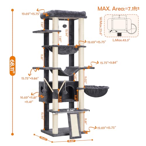 68.1-inch Tall Cat Tree with Sisal-Covered Scratching Posts, Smoky Gray J270