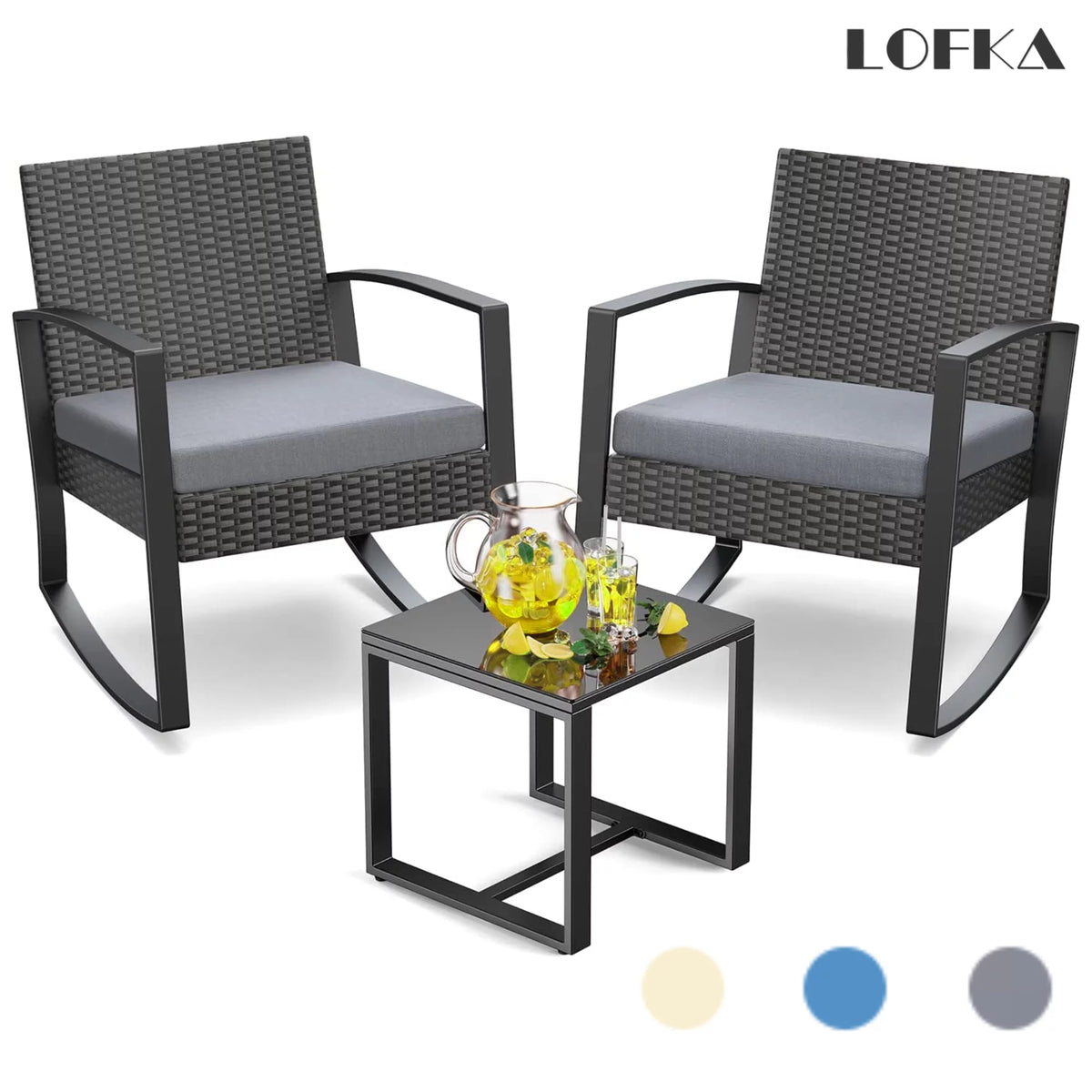Patio Chairs Set with Glass Coffee Table and Gray Cushion K568994
