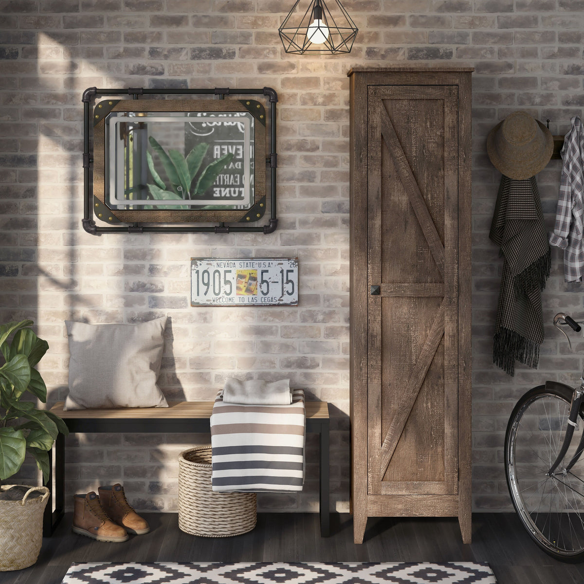 Reclaimed Oak Wood Shelving Cabinet & LED Mirror Set J951
