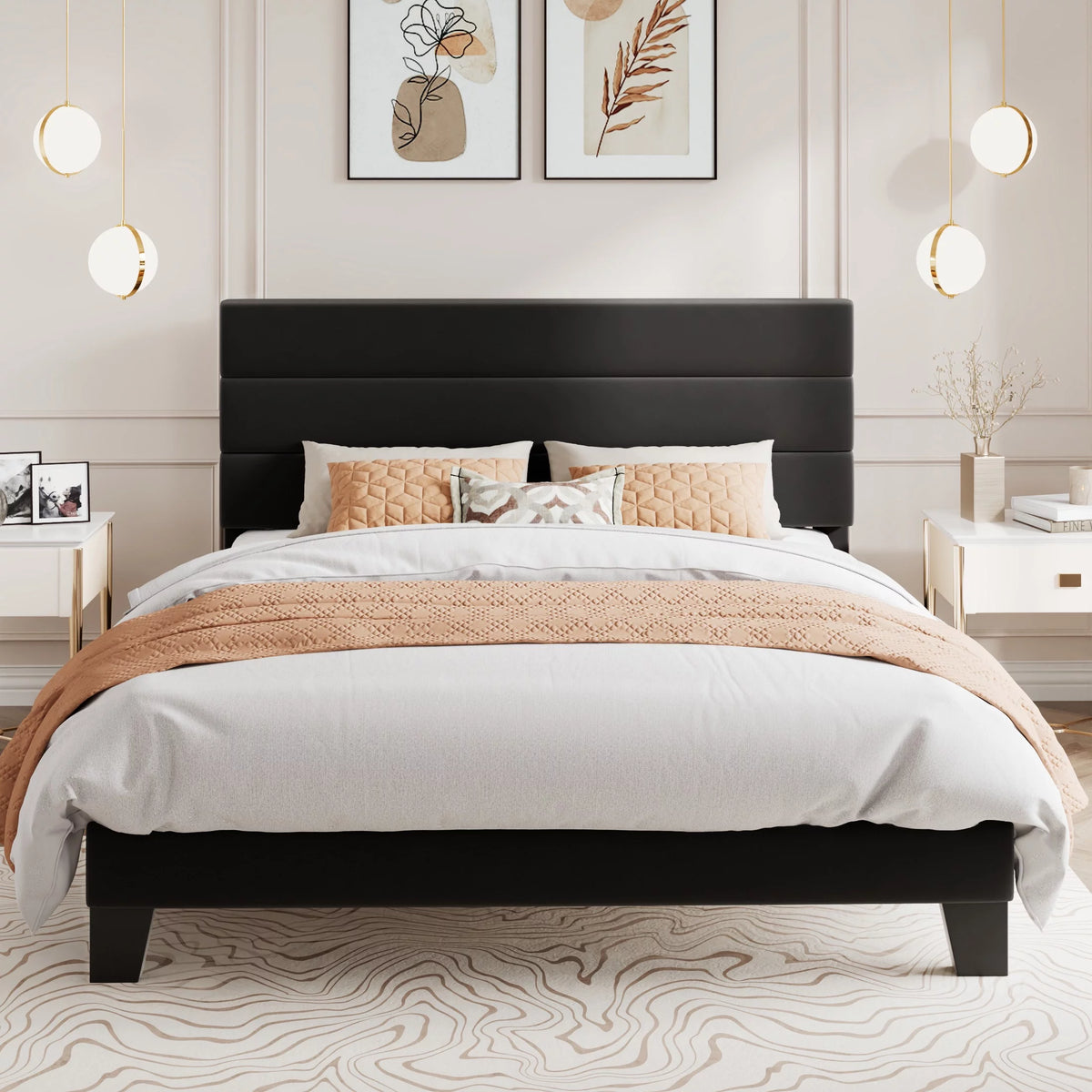 Queen Size Black Velvet Upholstered Platform Bed Frame with Headboard W9491