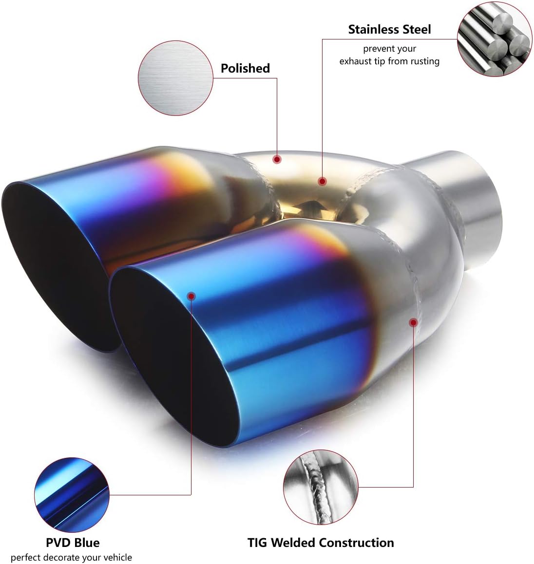 2.25 inch Inlet 3.5 inch Outlet Stainless Steel Angle Cut 2-Packs PVD Blue Exhaust Tip F218