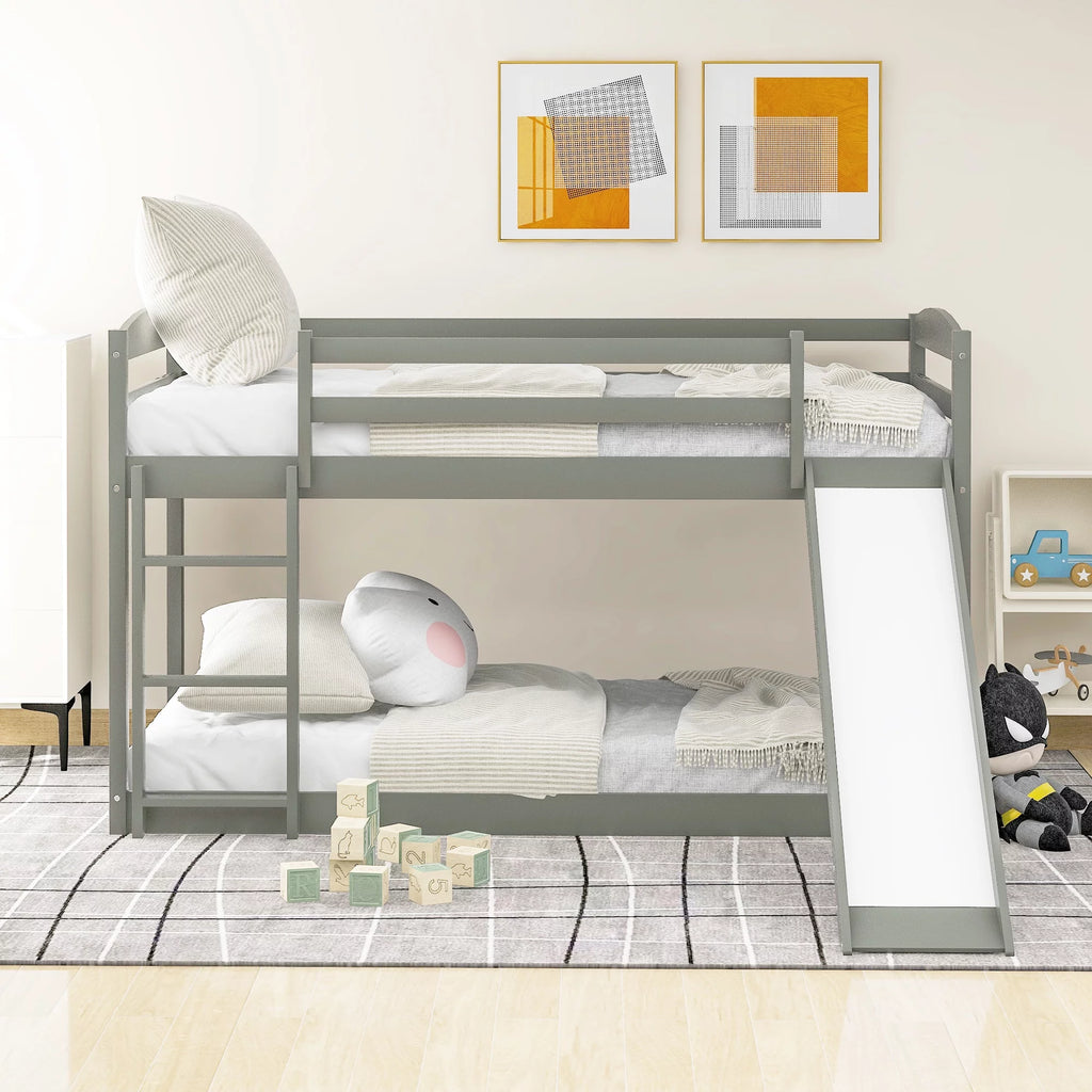 Gray Twin Over Twin Wood Bunk Bed with Slide and Ladder B516718