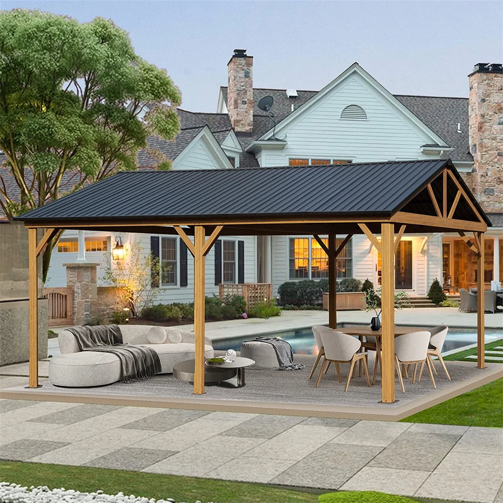 Galvanized Steel Gable Roof Gazebo with Wood Grain Aluminum Frame O86235