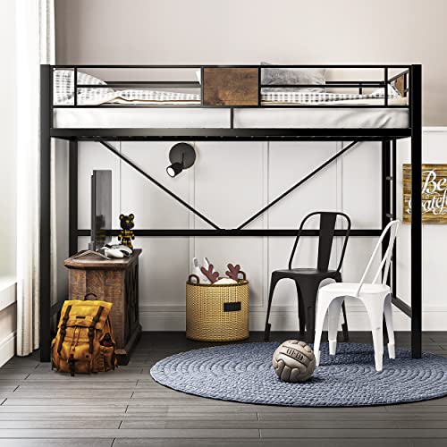 Twin Size Metal Loft Bed with Ladder and Guardrail K670