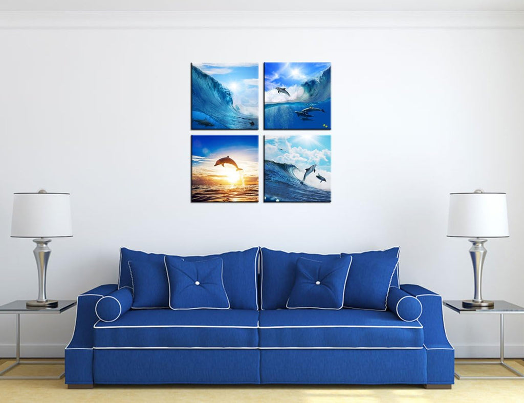 Blue Ocean Dolphin Wall Art Canvas Framed Painting 12x12x4 F477