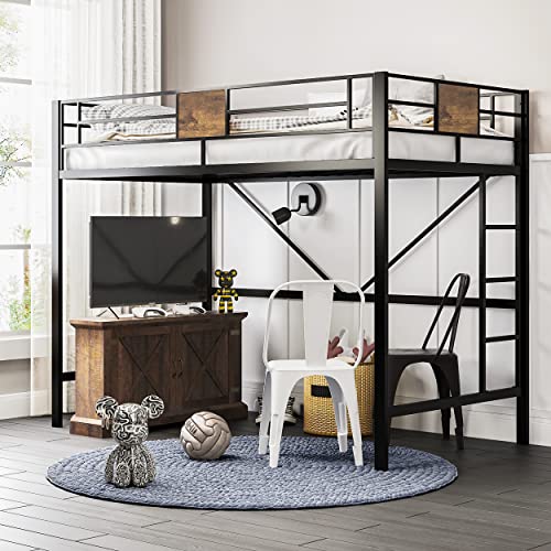 Twin Size Metal Loft Bed with Ladder and Guardrail K670