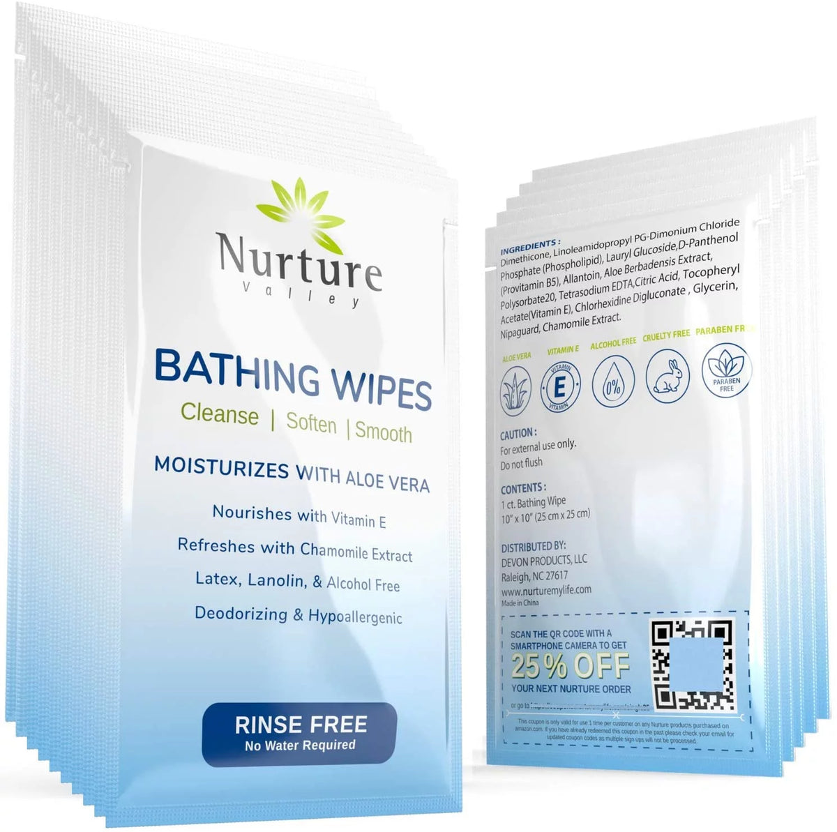 Rinse Free Bathing Wipes Aloe Vera Vitamin E 40 Travel Packs T8605