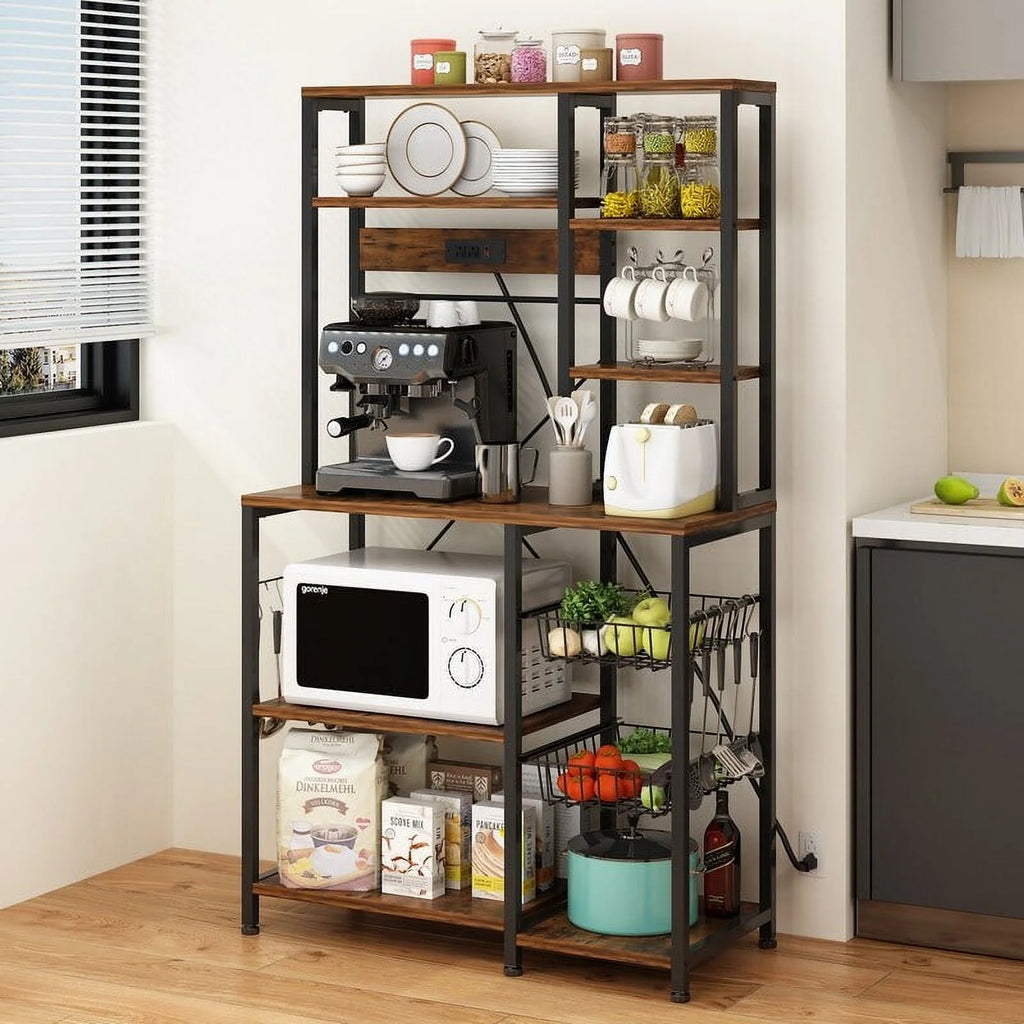6 Layers Vintage Kitchen Baker's Rack with 10 S Hooks and Outlets G235