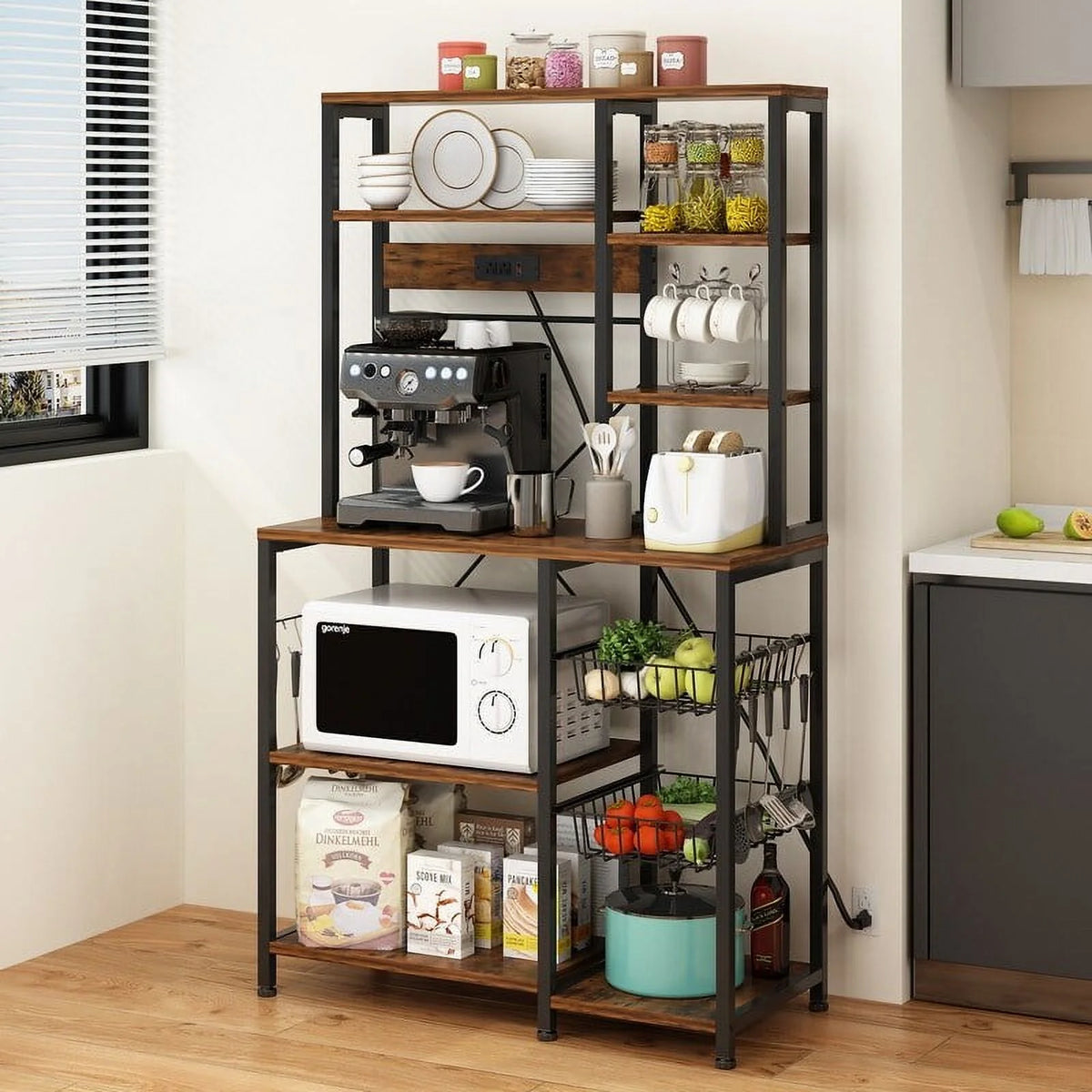 6 Layers Vintage Kitchen Baker's Rack with 10 S Hooks and Outlets G235