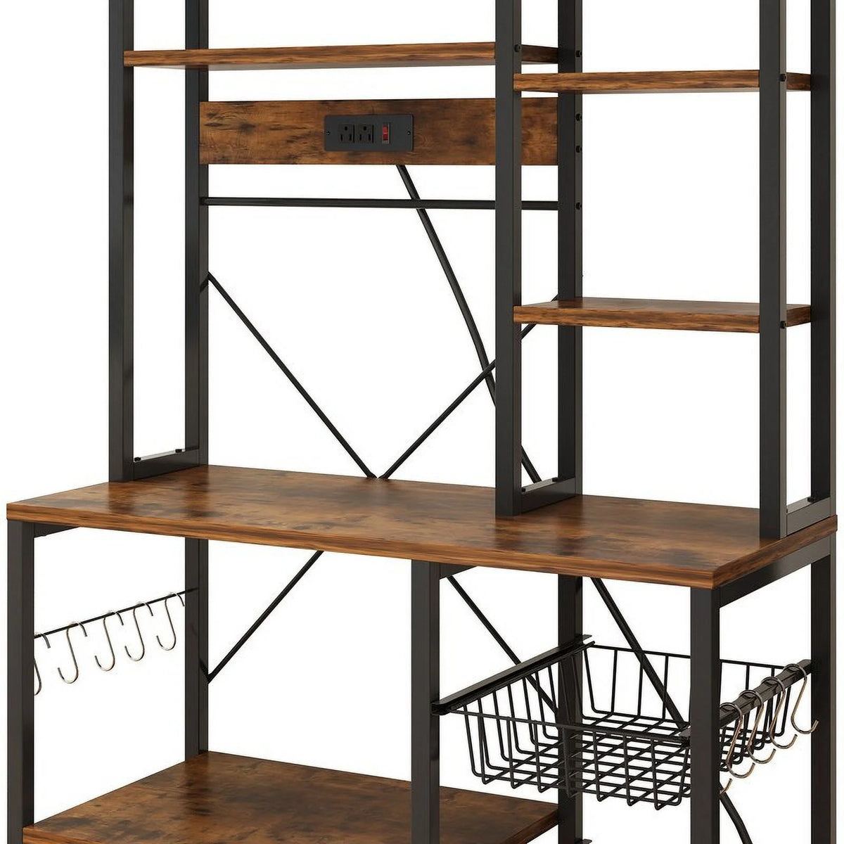 6 Layers Vintage Kitchen Baker's Rack with 10 S Hooks and Outlets G235