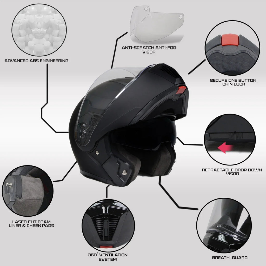 Flat Black Motorcycle Modular Helmet with Drop Down Visor T608282