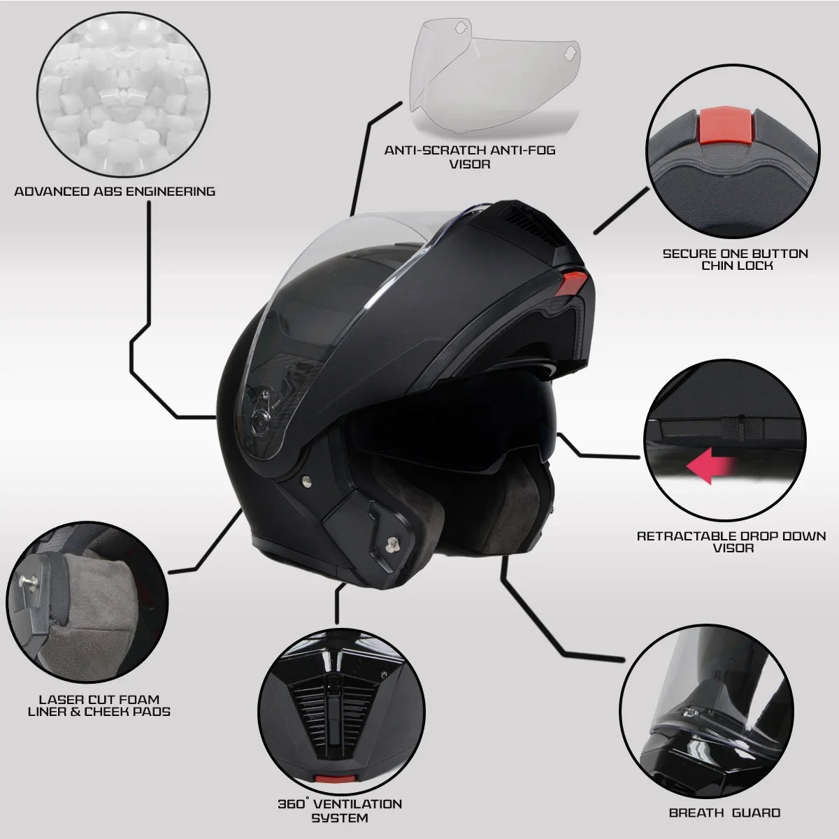 Flat Black Motorcycle Modular Helmet with Drop Down Visor T608282