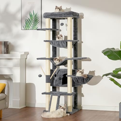 68.1-inch Tall Cat Tree with Sisal-Covered Scratching Posts, Smoky Gray J270