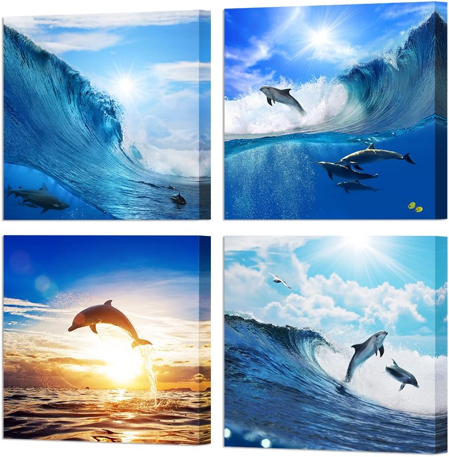 Blue Ocean Dolphin Wall Art Canvas Framed Painting 12x12x4 F477