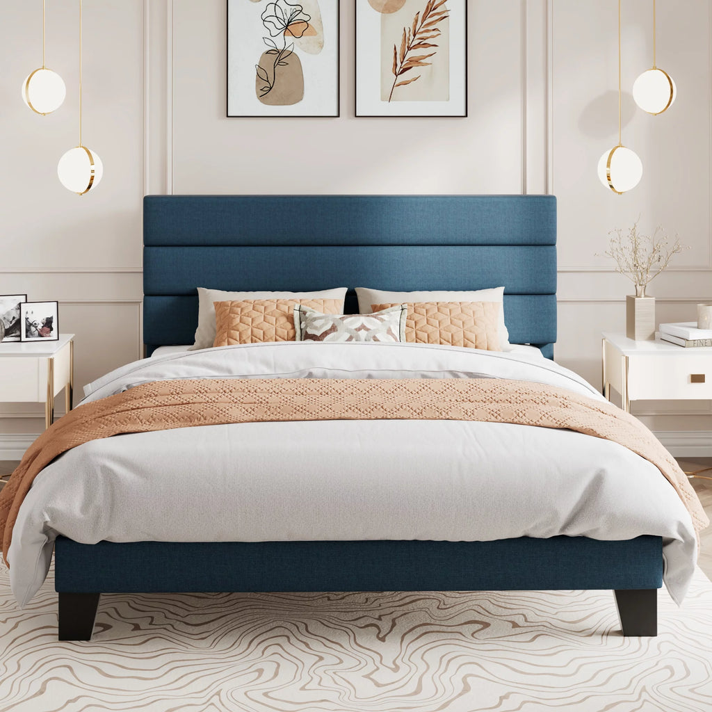 Queen Size Black Velvet Upholstered Platform Bed Frame with Headboard W9491