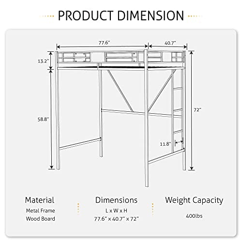 Twin Size Metal Loft Bed with Ladder and Guardrail K670