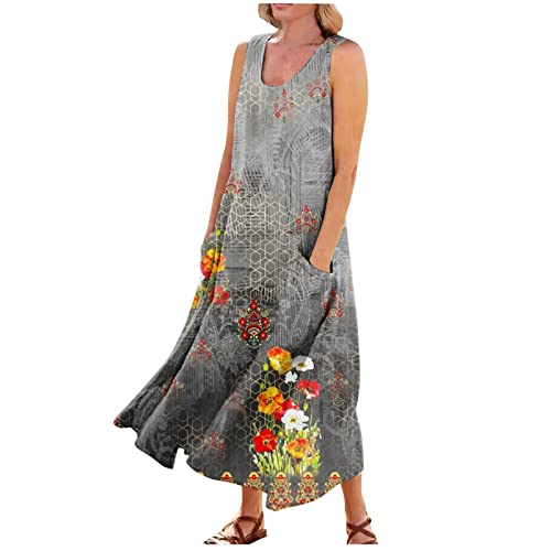 Sleeveless Cotton Linen Sundress Long Dress with Pockets O45317