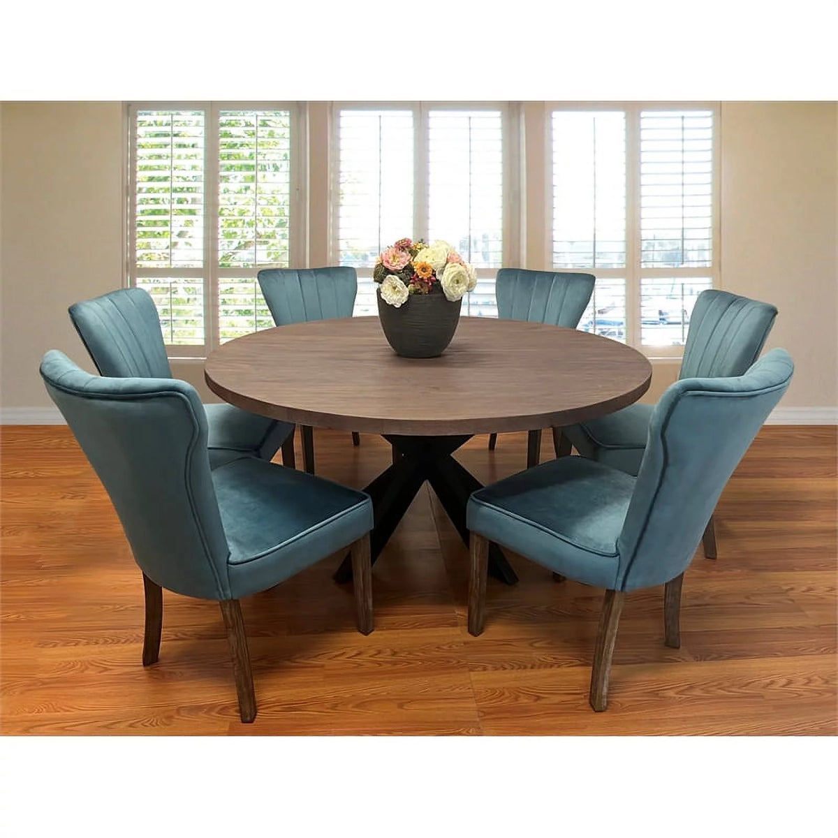 Dining Table Set with Solid Wood Round Table and 6 Chairs in Teal M24546