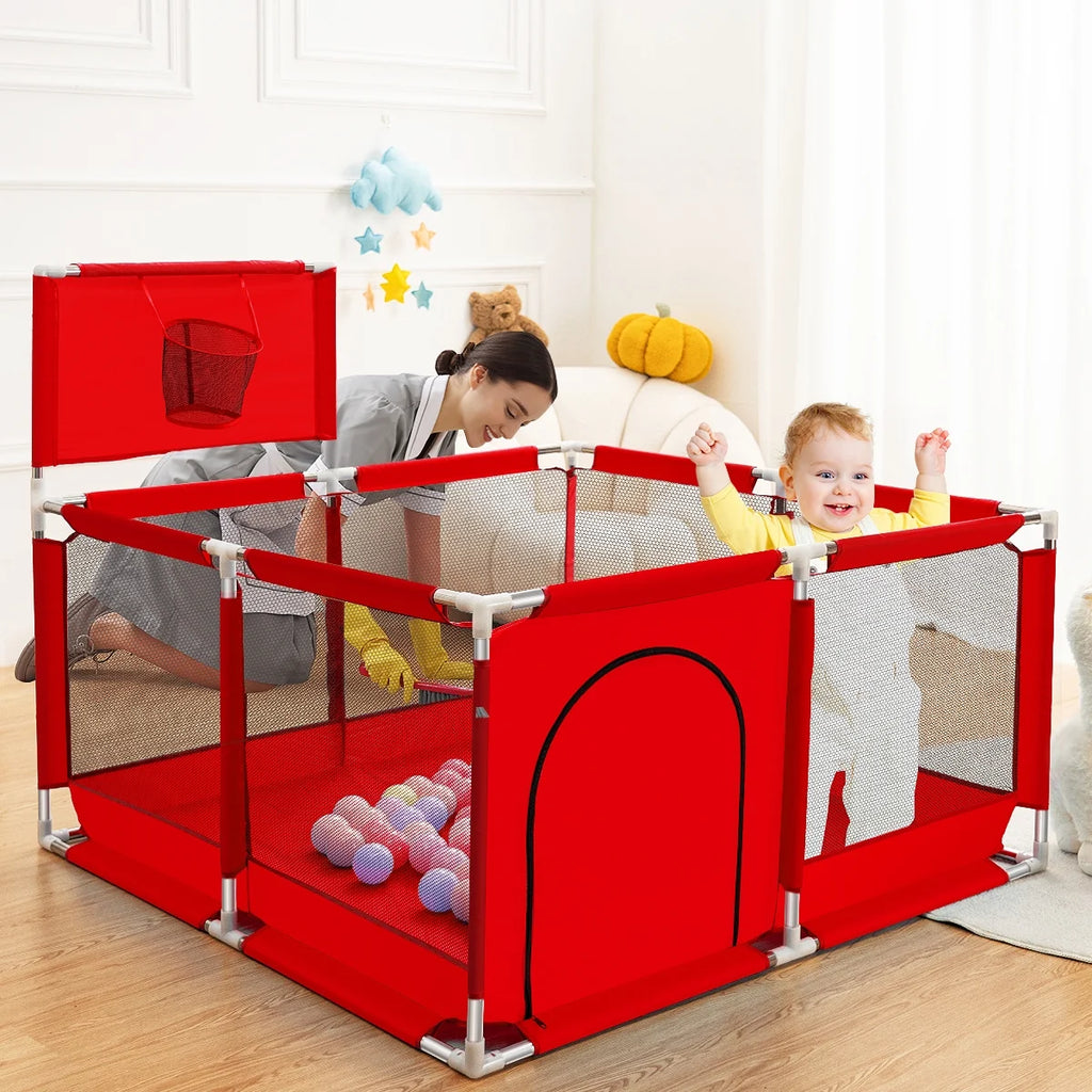 Portable 4-Panel Baby Playpen with Basketball Hoop V7248
