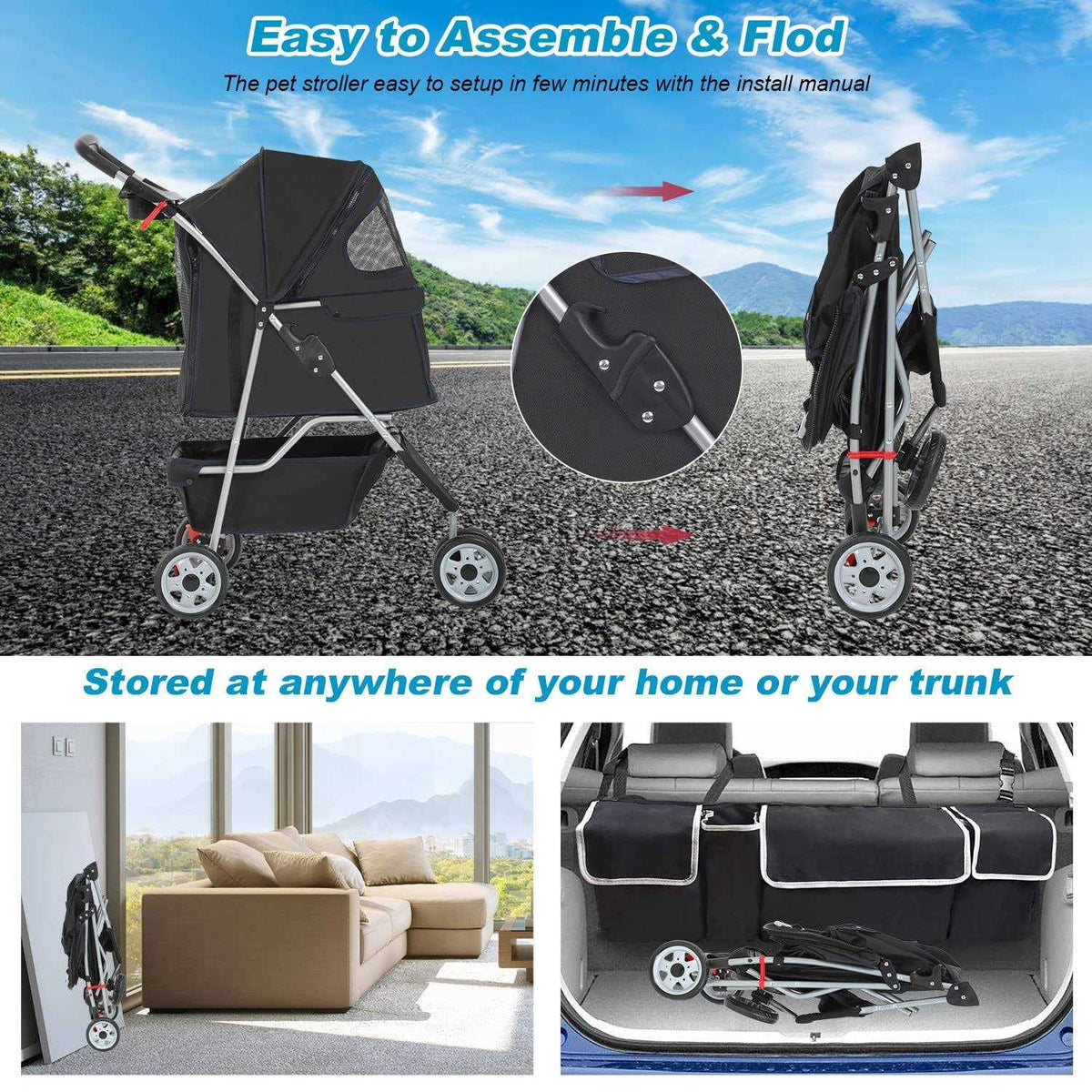 Pet Stroller Cat Dog Cage Travel Folding Carrier I727