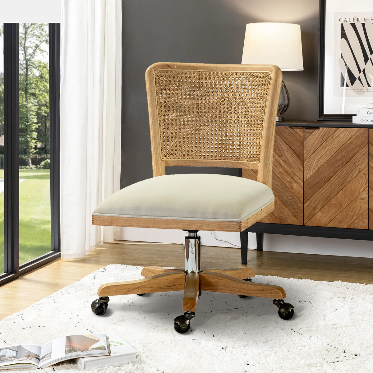 Beige Swivel Adjustable Rattan Back Task Chair M97210