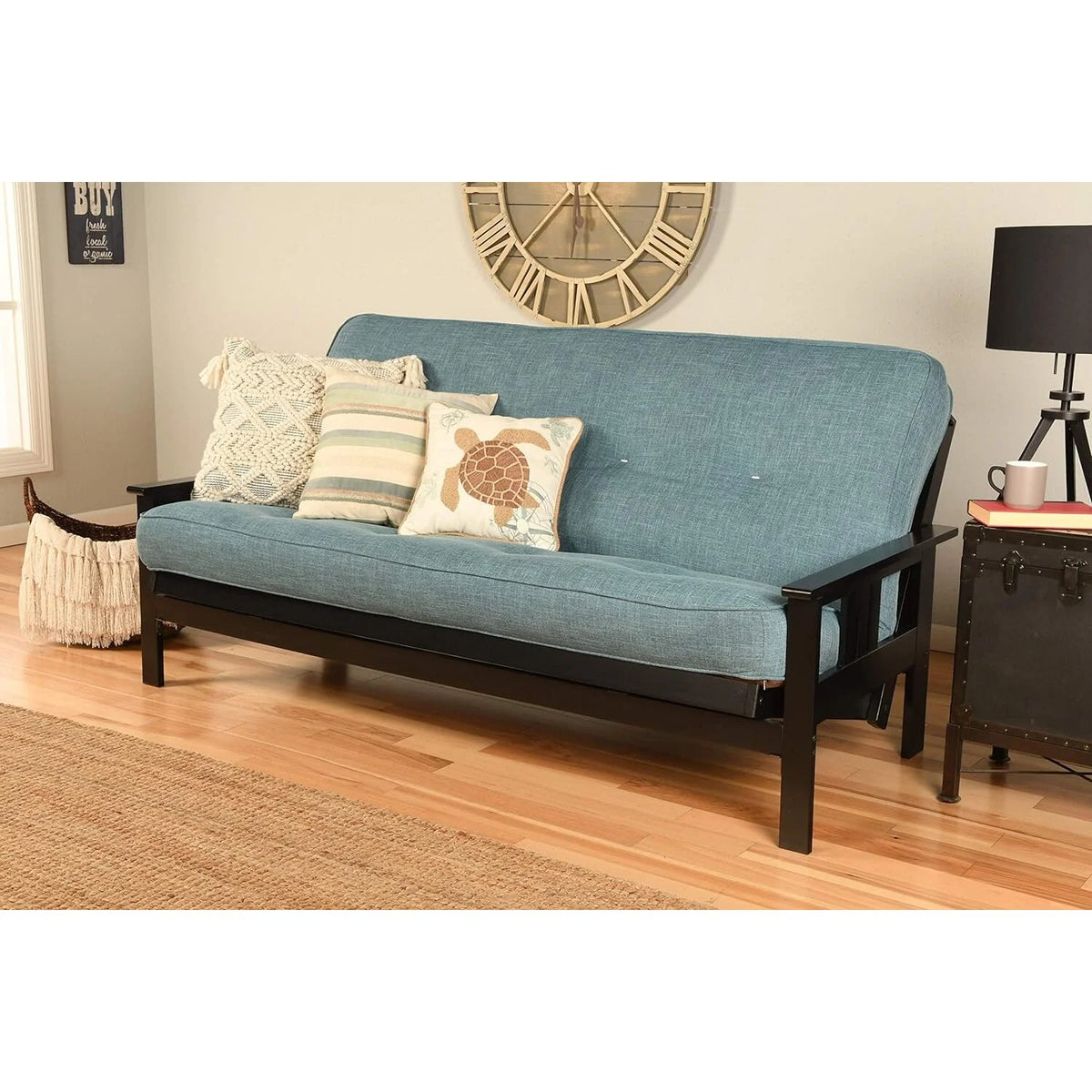 Black Futon Frame with Aqua Linen Mattress J644