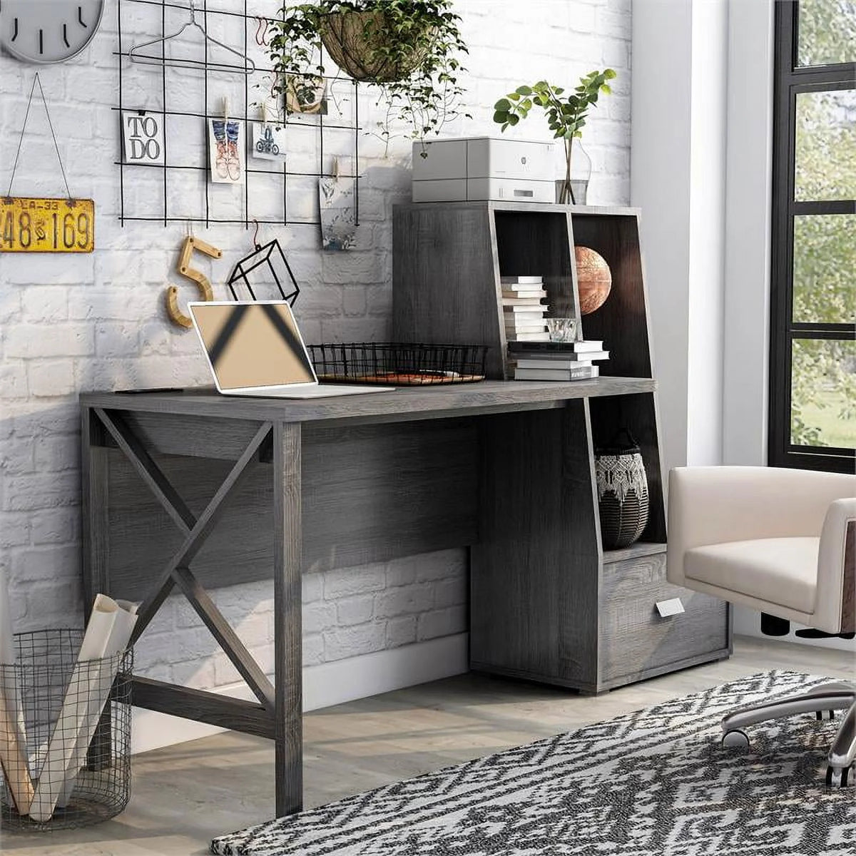 Wood Multi-Storage Desk in Distressed Gray Z588