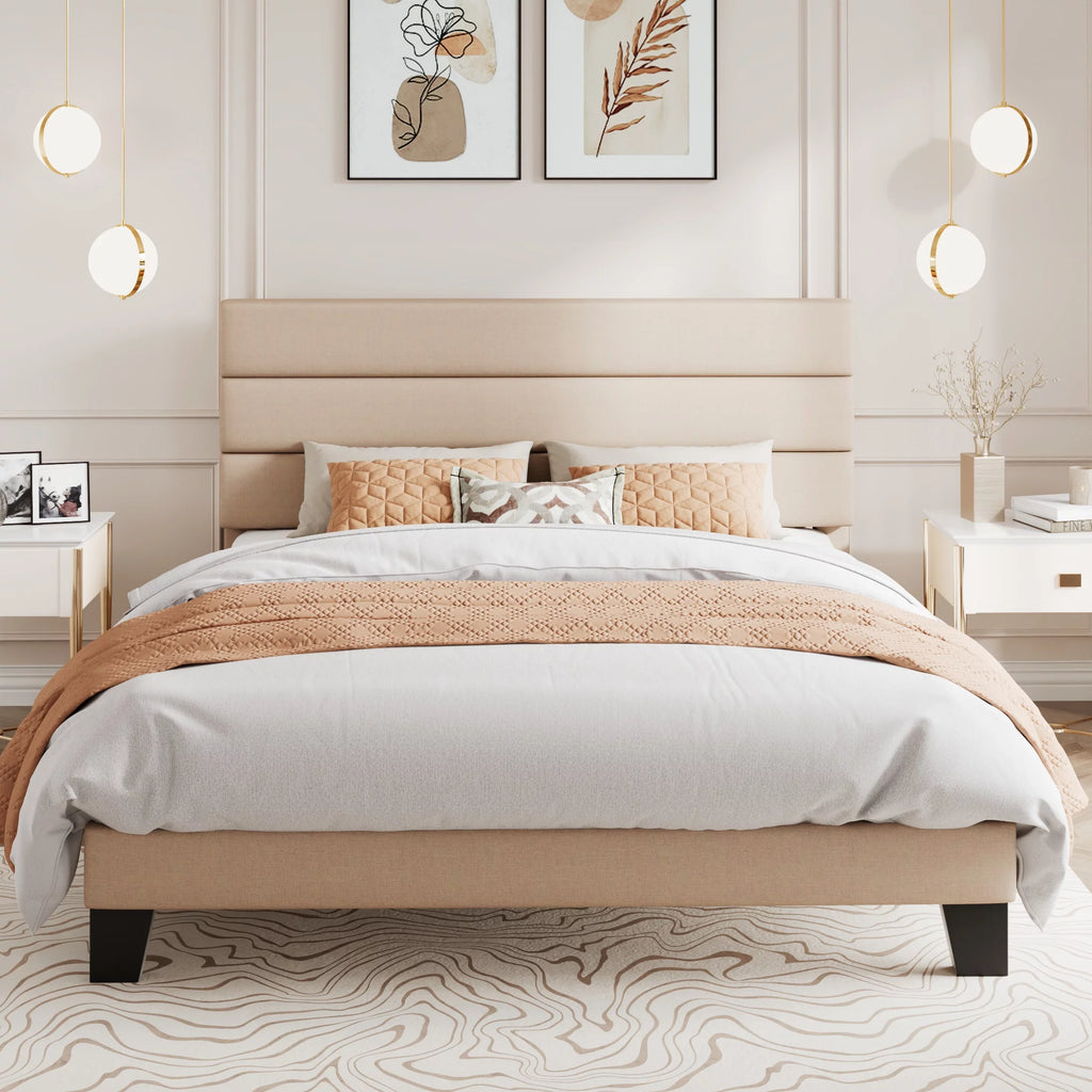 Queen Size Black Velvet Upholstered Platform Bed Frame with Headboard W9491