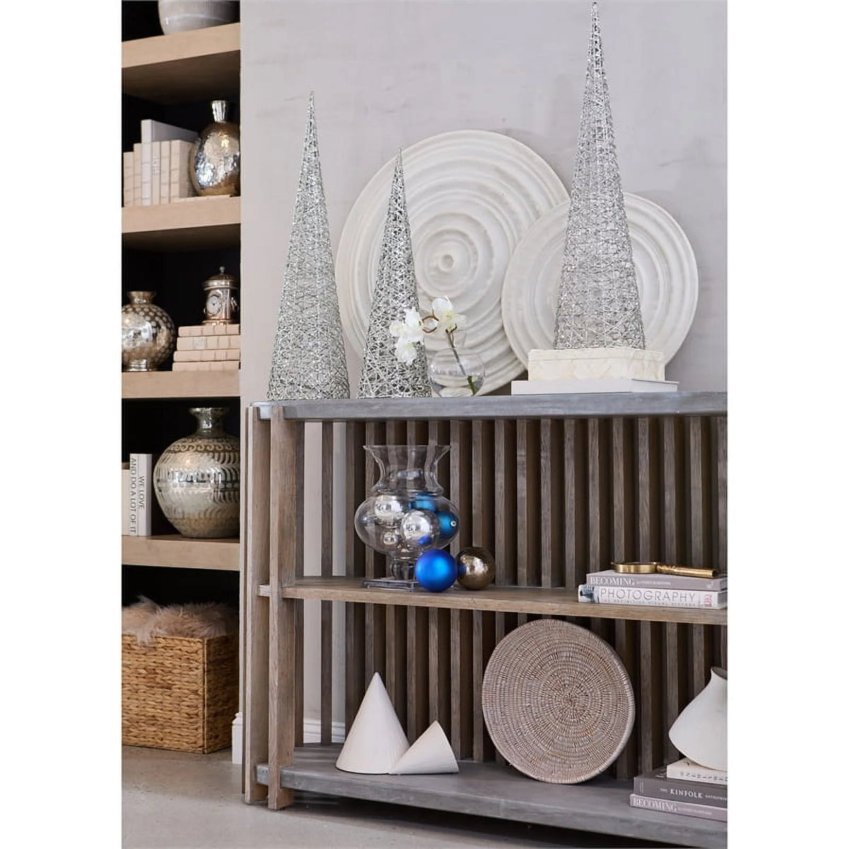 Wood Slat Display Console with Concrete Top E368138