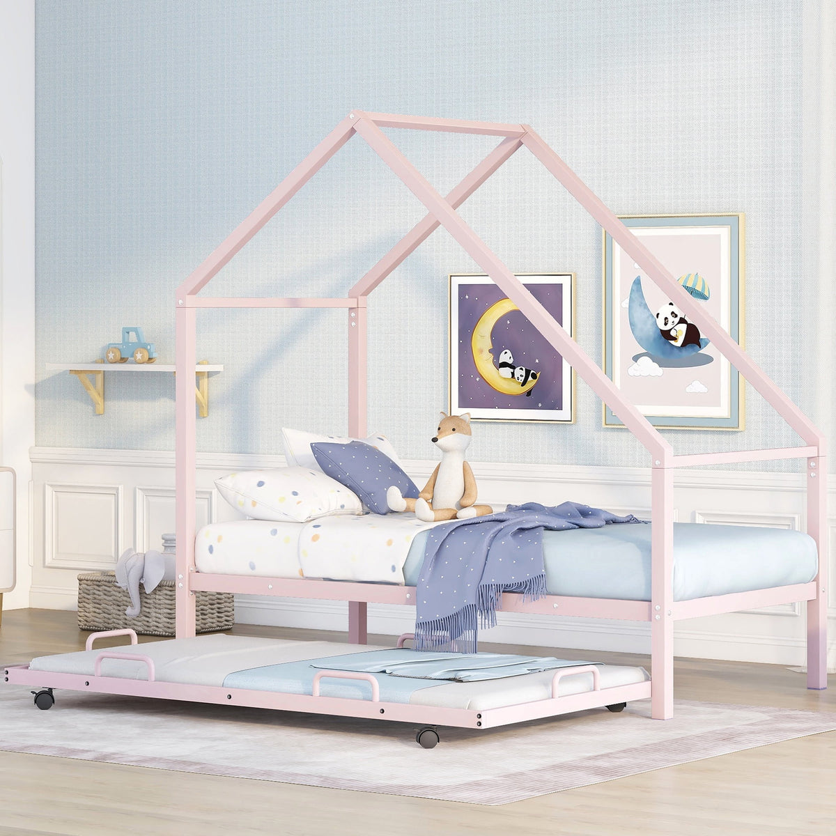 Twin Size Pink Metal House Platform Bed with Trundle D703883
