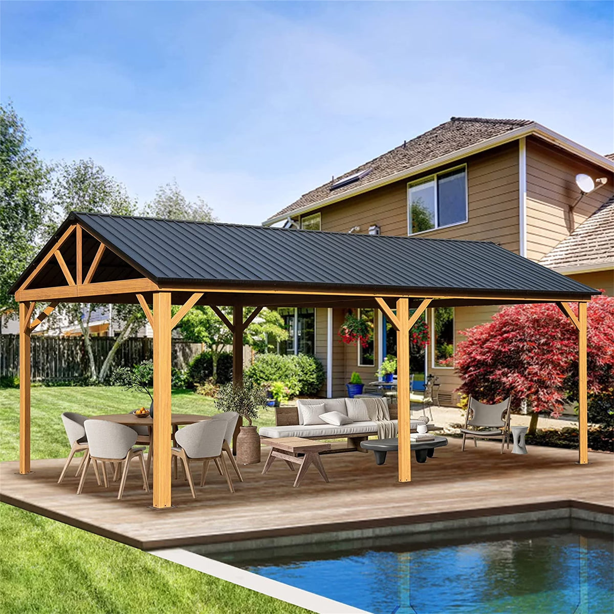 Galvanized Steel Gable Roof Gazebo with Wood Grain Aluminum Frame O86235
