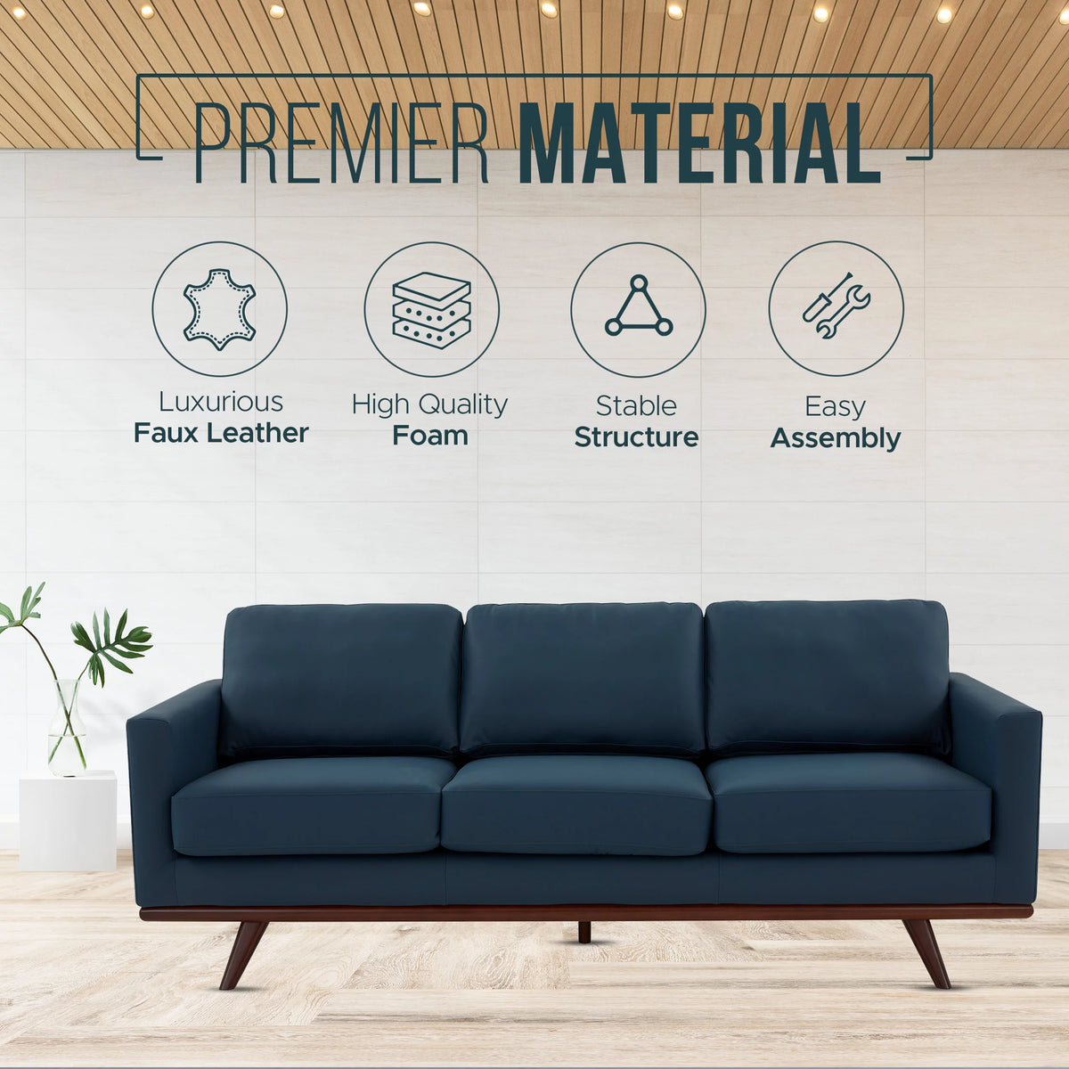 Navy Blue Leather 3 Seater Sofa A160