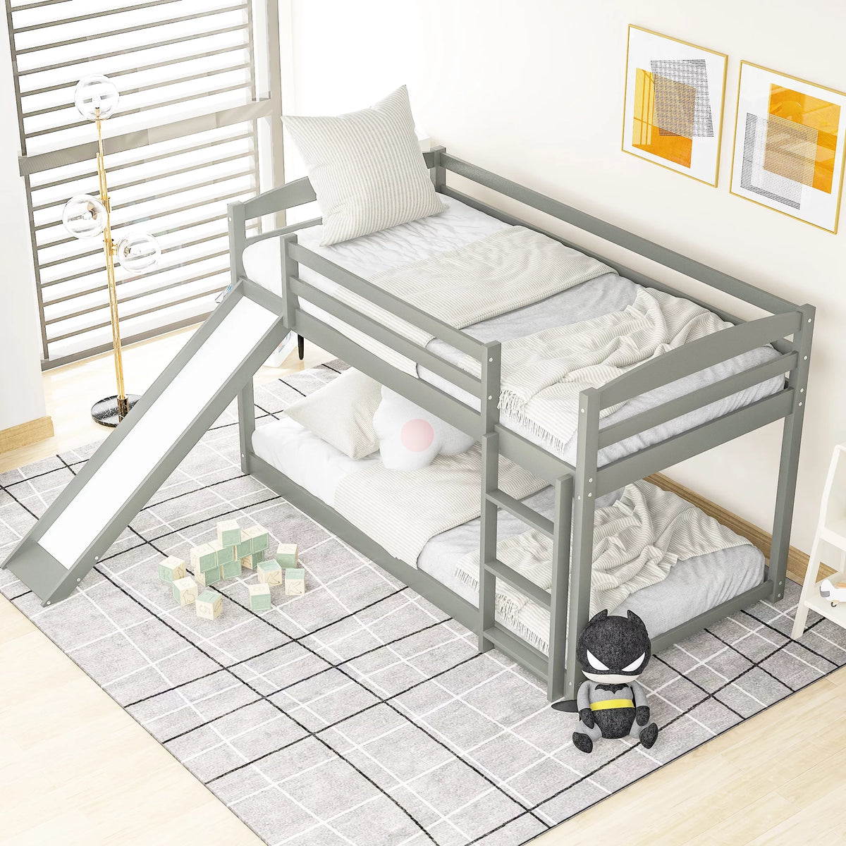 Gray Twin Over Twin Wood Bunk Bed with Slide and Ladder B516718